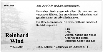Anzeige  Reinhard Wind  Lippische Landes-Zeitung