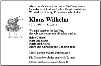 Anzeige  Klaus Wilhelm  Lippische Landes-Zeitung