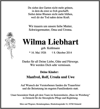 Anzeige  Wilma Liebhart  Lippische Landes-Zeitung