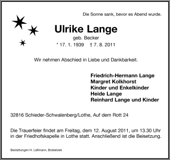 Anzeige  Ulrike Lange  Lippische Landes-Zeitung
