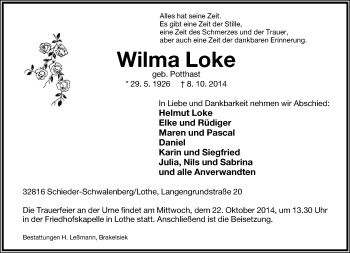 Anzeige  Wilma Loke  Lippische Landes-Zeitung