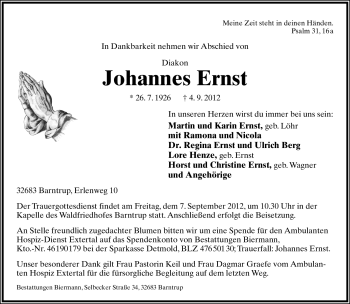 Anzeige  Johannes Ernst  Lippische Landes-Zeitung