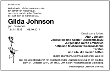Anzeige  Gilda Johnson  Lippische Landes-Zeitung