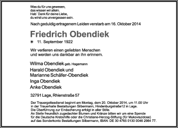 Anzeige  Friedrich Obendiek  Lippische Landes-Zeitung