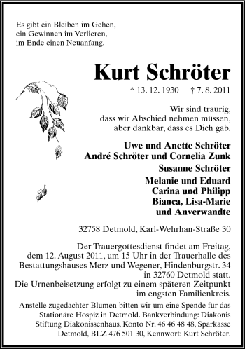 Anzeige  Kurt Schröter  Lippische Landes-Zeitung