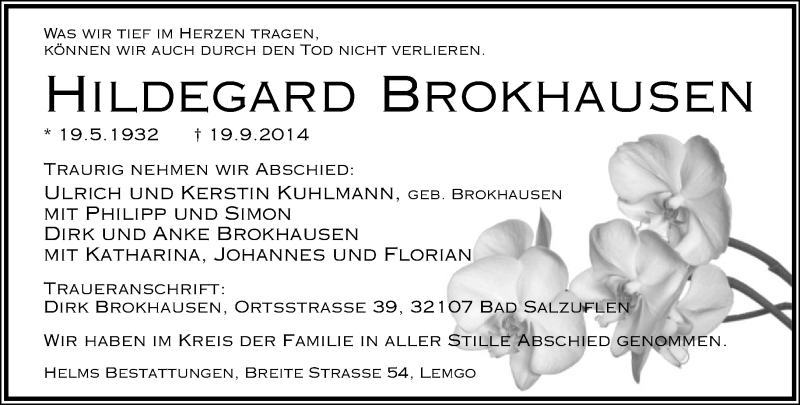  Traueranzeige für Hildegard Brokhausen vom 20.10.2014 aus Lippische Landes-Zeitung
