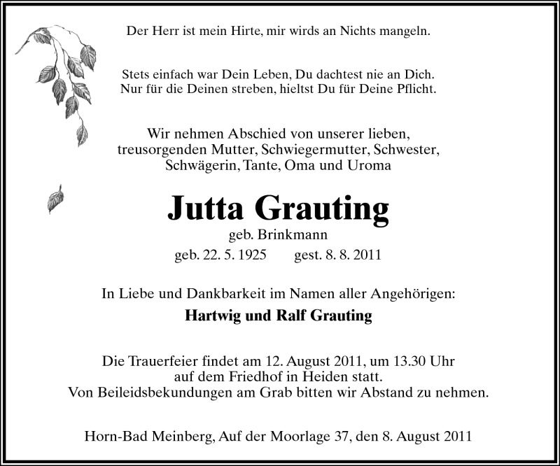  Traueranzeige für Jutta Grauting vom 10.08.2011 aus Lippische Landes-Zeitung