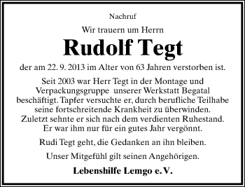 Anzeige  Rudolf Tegt  Lippische Landes-Zeitung