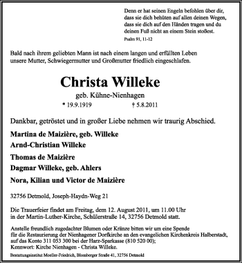 Anzeige  Christa Willeke  Lippische Landes-Zeitung