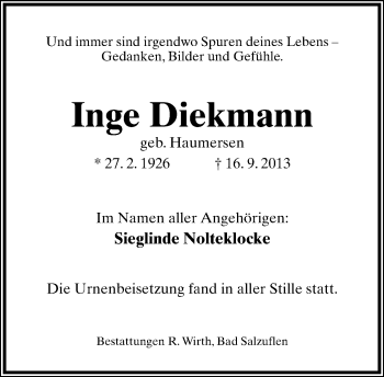 Anzeige  Inge Diekmann  Lippische Landes-Zeitung
