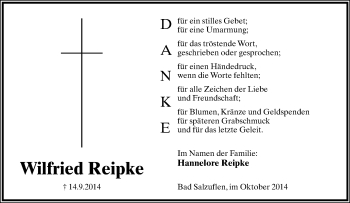 Anzeige  Wilfried Reipke  Lippische Landes-Zeitung