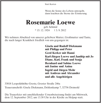 Anzeige  Rosemarie Loewe  Lippische Landes-Zeitung
