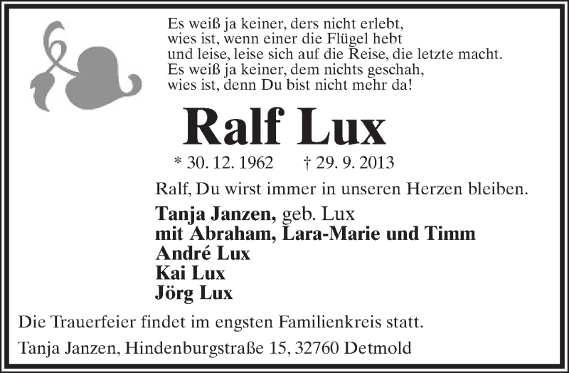  Traueranzeige für Ralf Lux vom 02.10.2013 aus Lippische Landes-Zeitung