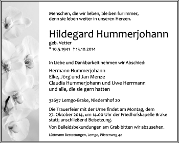 Anzeige  Hildegard Hummerjohann  Lippische Landes-Zeitung