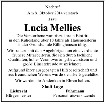 Anzeige  Lucia Mellies  Lippische Landes-Zeitung