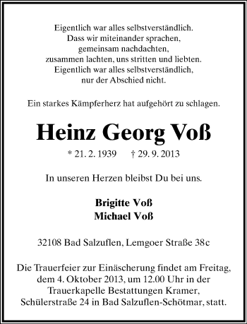 Anzeige  Heinz Georg Voß  Lippische Landes-Zeitung