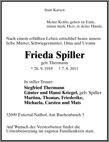 Anzeige  Frieda Spiller  Lippische Landes-Zeitung