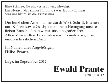 Anzeige  Ewald Prante  Lippische Landes-Zeitung