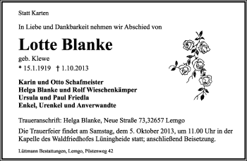 Anzeige  Lotte Blanke  Lippische Landes-Zeitung
