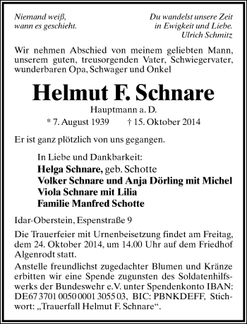 Anzeige  Helmut F. Schnare  Lippische Landes-Zeitung