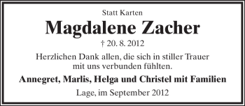 Anzeige  Magdalene Zacher  Lippische Landes-Zeitung