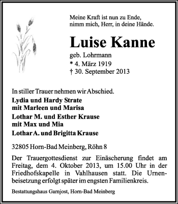 Anzeige  Luise Kanne  Lippische Landes-Zeitung