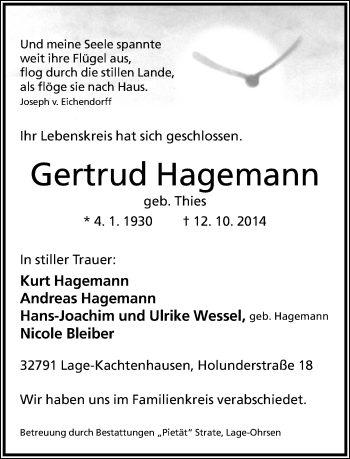 Anzeige  Gertrud Hagemann  Lippische Landes-Zeitung