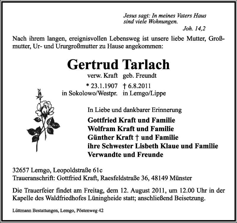  Traueranzeige für Gertrud Tarlach vom 10.08.2011 aus Lippische Landes-Zeitung