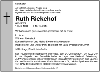 Anzeige  Ruth Riekehof  Lippische Landes-Zeitung