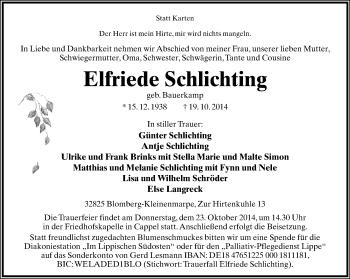 Anzeige  Elfriede Schlichting  Lippische Landes-Zeitung