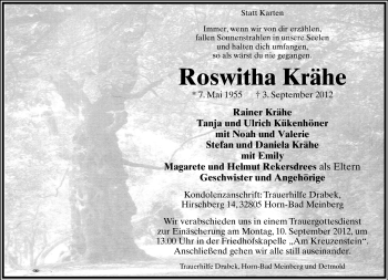 Anzeige  Roswitha Krähe  Lippische Landes-Zeitung