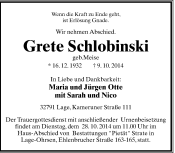 Anzeige  Grete Schlobinski  Lippische Landes-Zeitung