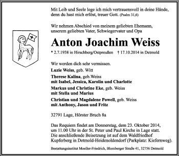 Anzeige  Anton Joachim Weiss  Lippische Landes-Zeitung