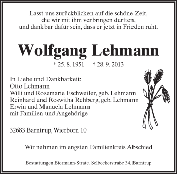 Anzeige  Wolfgang Lehmann  Lippische Landes-Zeitung