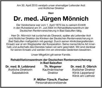 Anzeige  Jürgen Mönnich  Lippische Landes-Zeitung