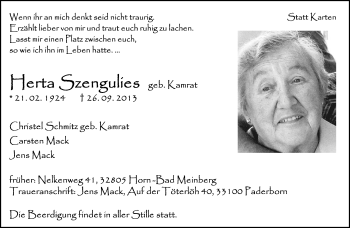 Anzeige  Herta Szengulies  Lippische Landes-Zeitung