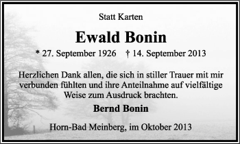 Anzeige  Ewald Bonin  Lippische Landes-Zeitung