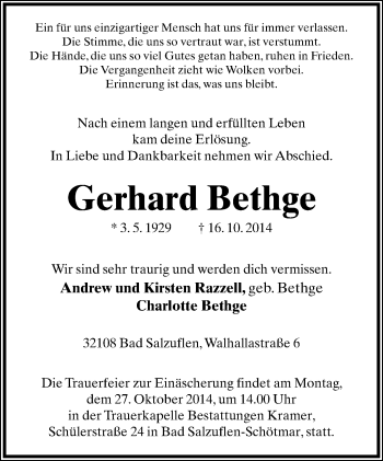 Anzeige  Gerhard Bethge  Lippische Landes-Zeitung