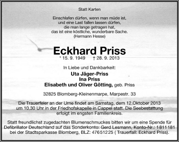 Anzeige  Eckhard Priss  Lippische Landes-Zeitung