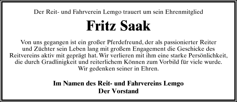  Traueranzeige für Fritz Saak vom 11.08.2011 aus Lippische Landes-Zeitung