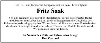 Anzeige  Fritz Saak  Lippische Landes-Zeitung