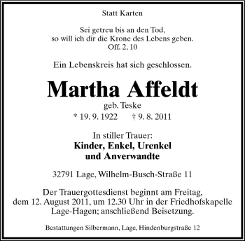 Anzeige  Martha Affeldt  Lippische Landes-Zeitung