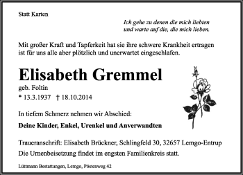 Anzeige  Elisabeth Gremmel  Lippische Landes-Zeitung