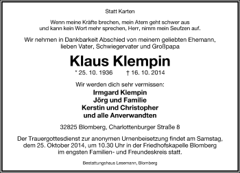 Anzeige  Klaus Klempin  Lippische Landes-Zeitung