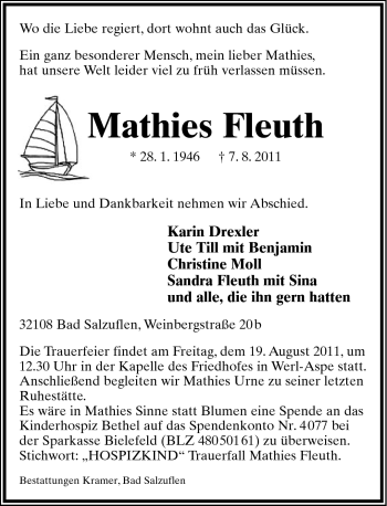 Anzeige  Mathies Fleuth  Lippische Landes-Zeitung