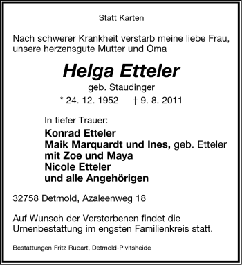 Anzeige  Helga Etteler  Lippische Landes-Zeitung
