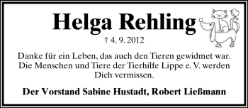 Anzeige  Helga Rehling  Lippische Landes-Zeitung