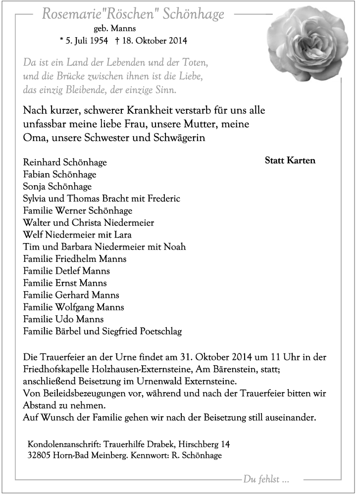  Traueranzeige für Rosemarie SchÃ¶nhage vom 22.10.2014 aus Lippische Landes-Zeitung
