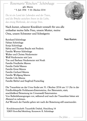 Anzeige  Rosemarie SchÃ¶nhage  Lippische Landes-Zeitung