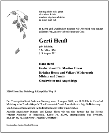 Anzeige  Gerti Henß  Lippische Landes-Zeitung
